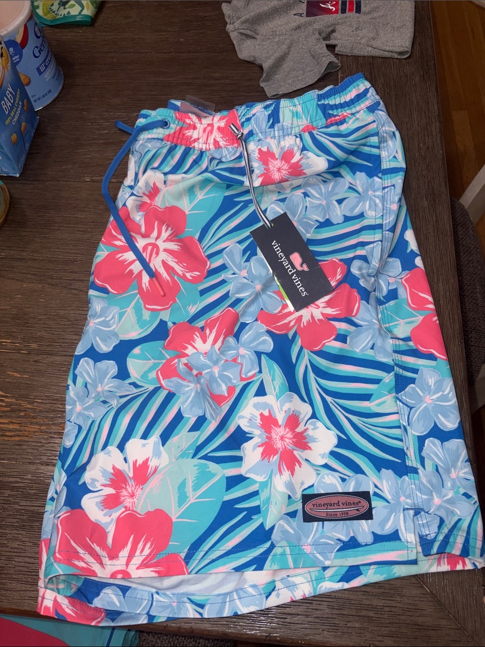 NWT Vineyard Vines Blue Swim Trunks with Coral & Aqua Floral Print